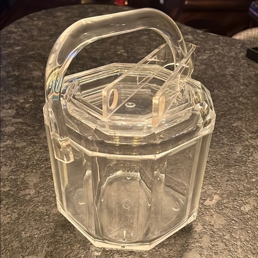 MCM Large Lucite Clear Crystal Ice Bucket With Handle Lid and Tongs